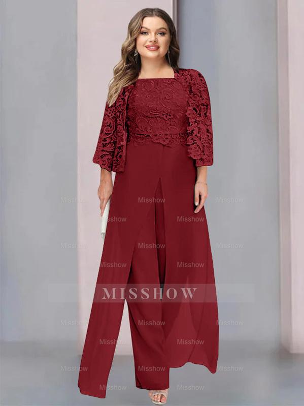 Plus Size Floor-Length Chiffon Pantsuit for the Mother of the Bride with Square Neck and Side Split