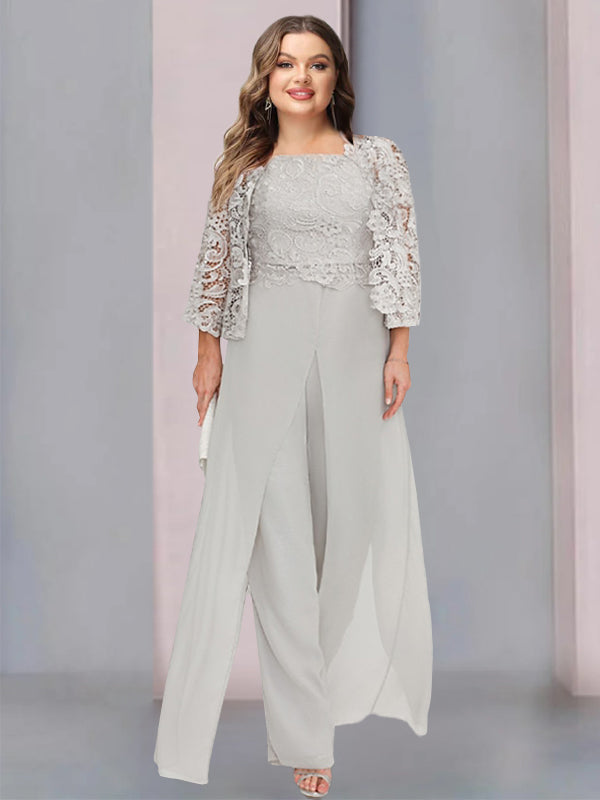 Plus Size Floor-Length Chiffon Pantsuit for the Mother of the Bride with Square Neck and Side Split