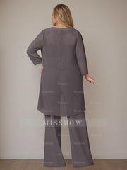 Plus Size Floor-Length Chiffon Pantsuits With Jacket - 3 Piece Set Scoop Neck & Long Sleeves