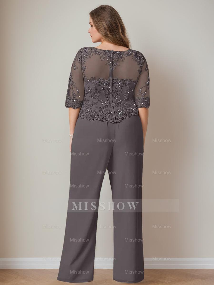 Plus Size Floor-Length Chiffon Pantsuits With Jacket - 3 Piece Set Scoop Neck & Long Sleeves