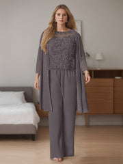 Plus Size Floor-Length Chiffon Pantsuits With Jacket - 3 Piece Set Scoop Neck & Long Sleeves
