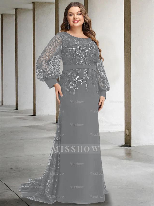Plus Size Floor-Length Mermaid/Trumpet Mother of the Bride Dress with Scoop Neck and Long Sequined Sleeves