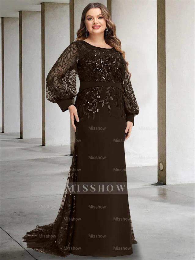 Plus Size Floor-Length Mermaid/Trumpet Mother of the Bride Dress with Scoop Neck and Long Sequined Sleeves