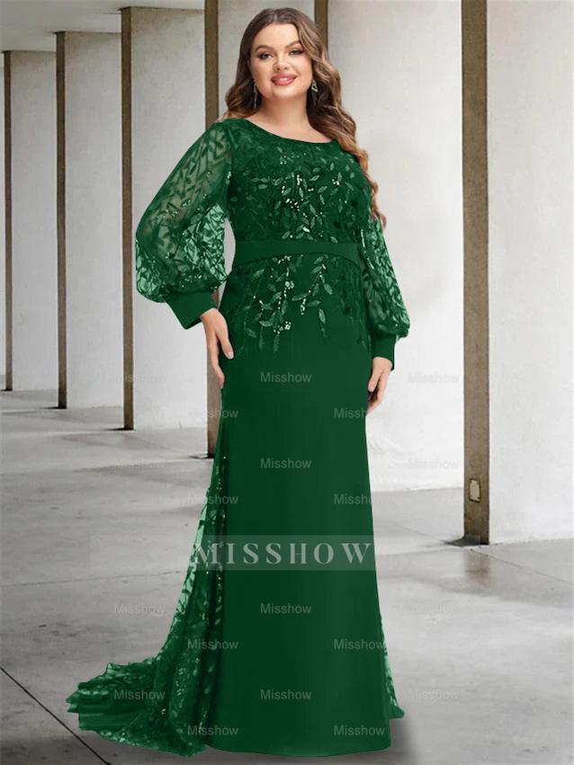 Plus Size Floor-Length Mermaid/Trumpet Mother of the Bride Dress with Scoop Neck and Long Sequined Sleeves