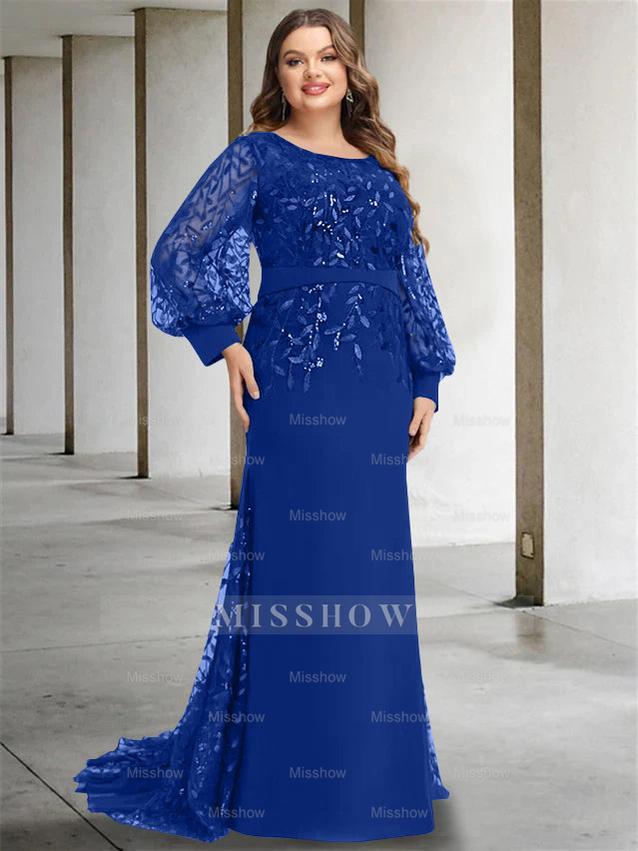 Plus Size Floor-Length Mermaid/Trumpet Mother of the Bride Dress with Scoop Neck and Long Sequined Sleeves