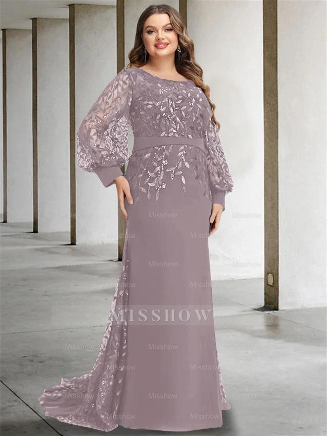 Plus Size Floor-Length Mermaid/Trumpet Mother of the Bride Dress with Scoop Neck and Long Sequined Sleeves