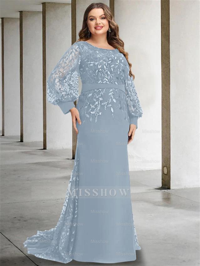 Plus Size Floor-Length Mermaid/Trumpet Mother of the Bride Dress with Scoop Neck and Long Sequined Sleeves