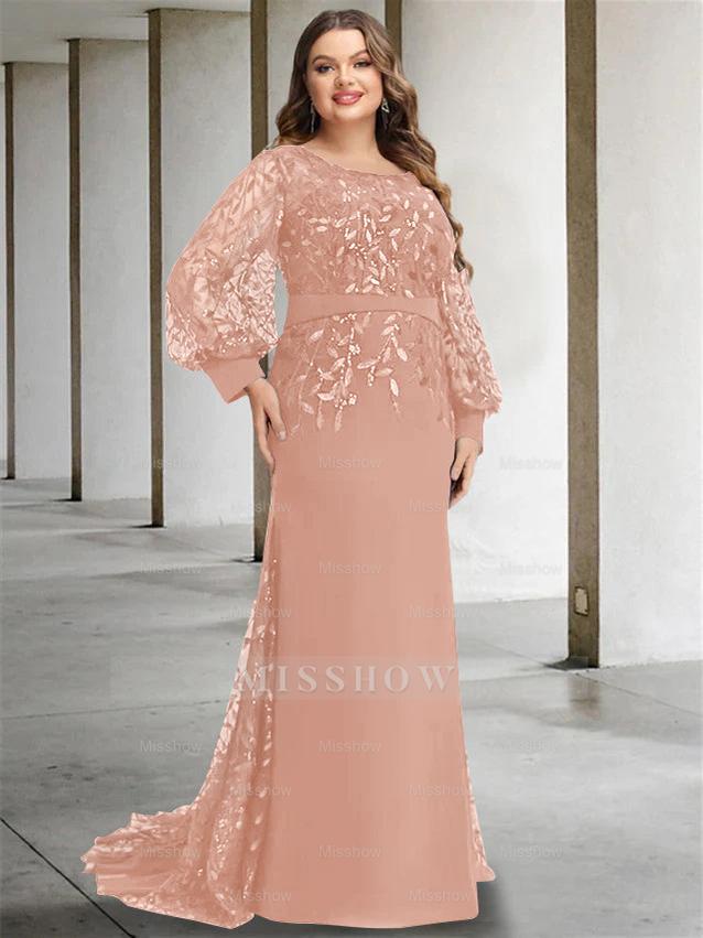 Plus Size Floor-Length Mermaid/Trumpet Mother of the Bride Dress with Scoop Neck and Long Sequined Sleeves