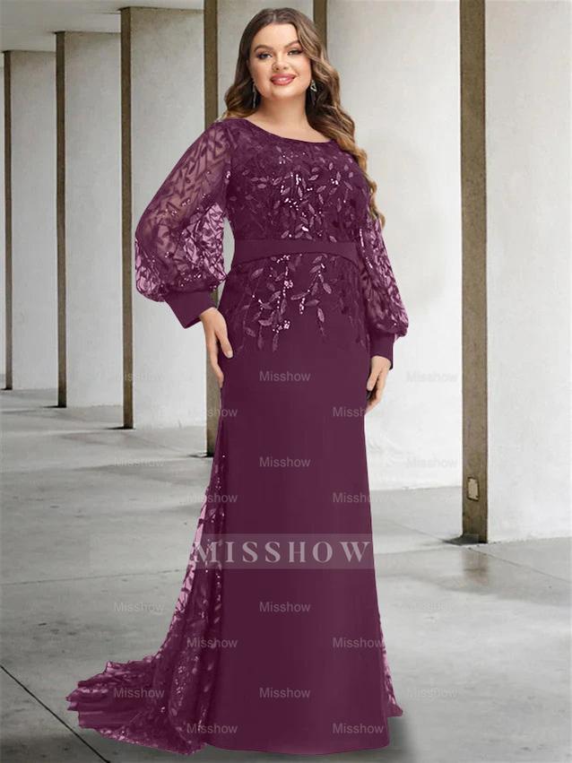 Plus Size Floor-Length Mermaid/Trumpet Mother of the Bride Dress with Scoop Neck and Long Sequined Sleeves