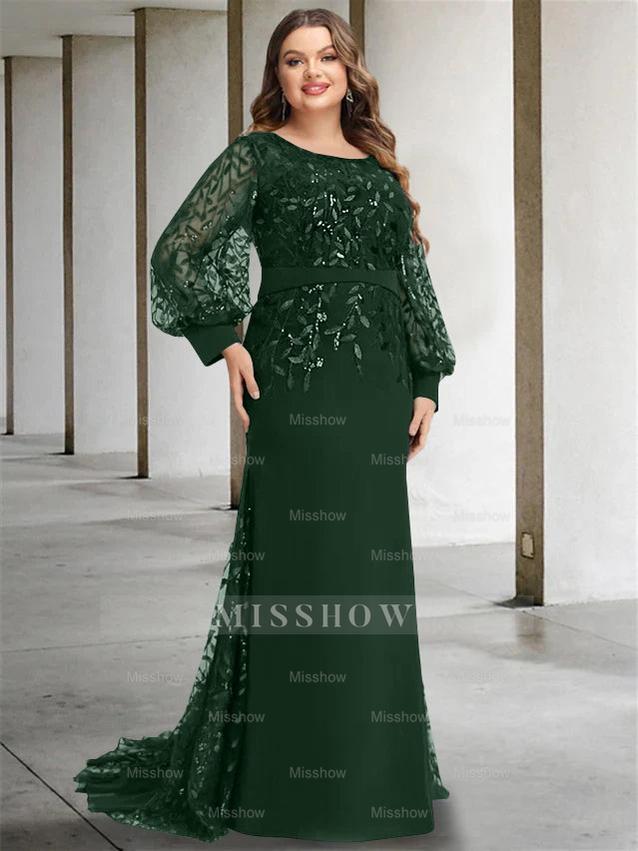 Plus Size Floor-Length Mermaid/Trumpet Mother of the Bride Dress with Scoop Neck and Long Sequined Sleeves