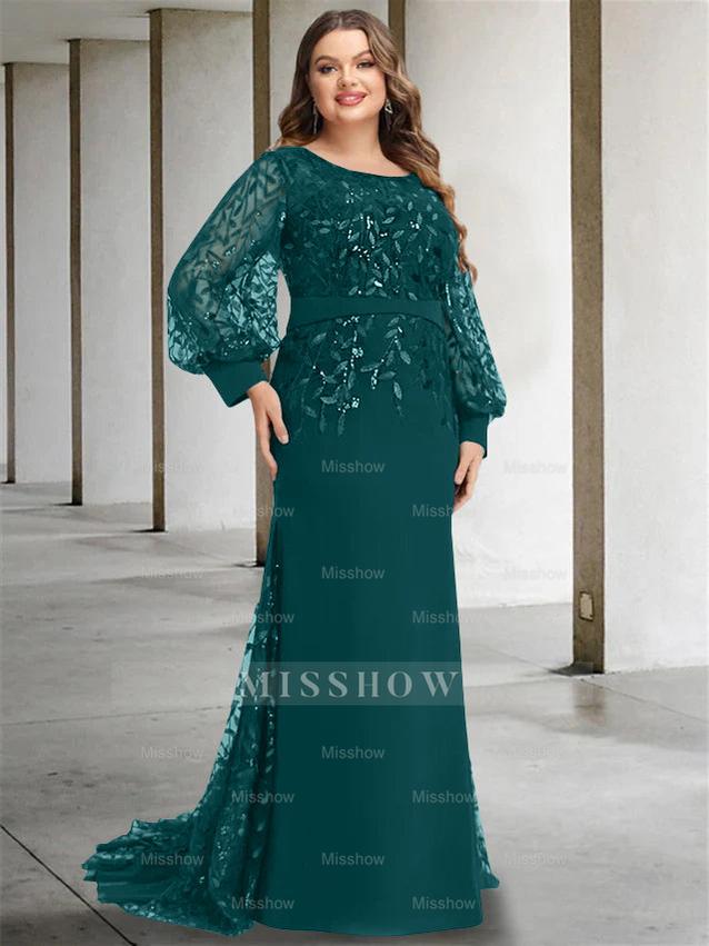 Plus Size Floor-Length Mermaid/Trumpet Mother of the Bride Dress with Scoop Neck and Long Sequined Sleeves