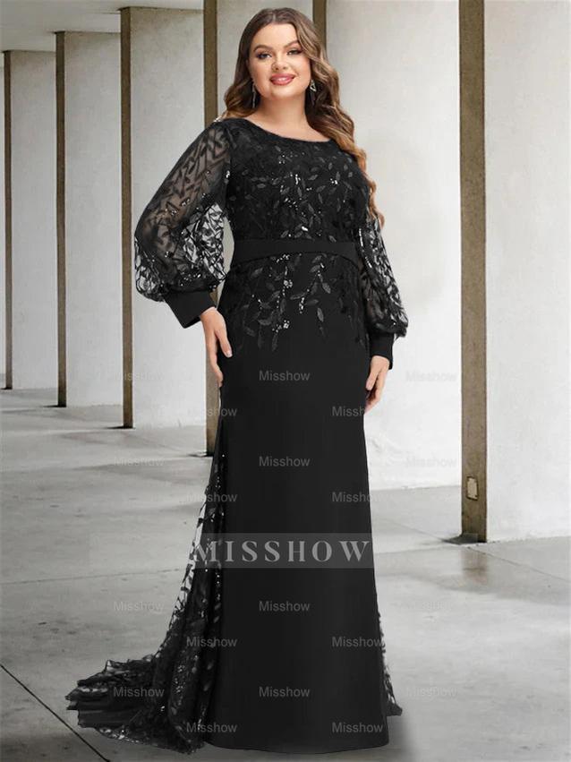 Plus Size Floor-Length Mermaid/Trumpet Mother of the Bride Dress with Scoop Neck and Long Sequined Sleeves