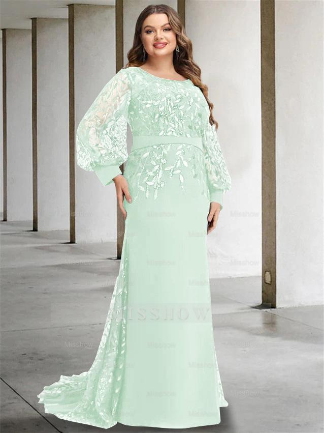 Plus Size Floor-Length Mermaid/Trumpet Mother of the Bride Dress with Scoop Neck and Long Sequined Sleeves