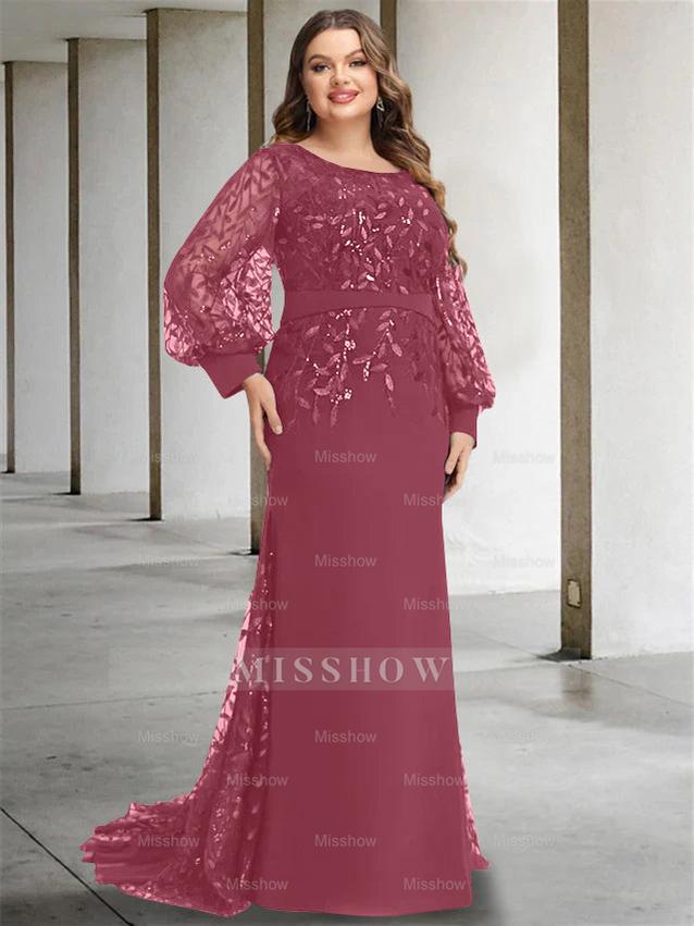 Plus Size Floor-Length Mermaid/Trumpet Mother of the Bride Dress with Scoop Neck and Long Sequined Sleeves