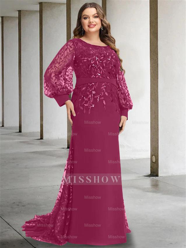 Plus Size Floor-Length Mermaid/Trumpet Mother of the Bride Dress with Scoop Neck and Long Sequined Sleeves