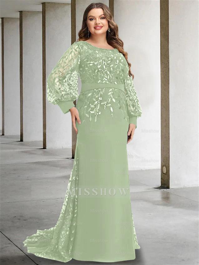 Plus Size Floor-Length Mermaid/Trumpet Mother of the Bride Dress with Scoop Neck and Long Sequined Sleeves