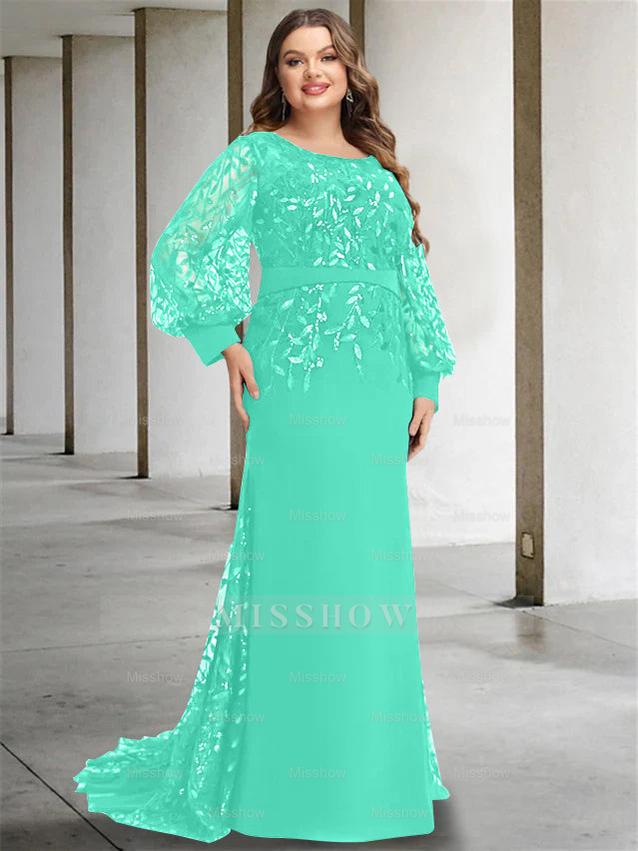 Plus Size Floor-Length Mermaid/Trumpet Mother of the Bride Dress with Scoop Neck and Long Sequined Sleeves