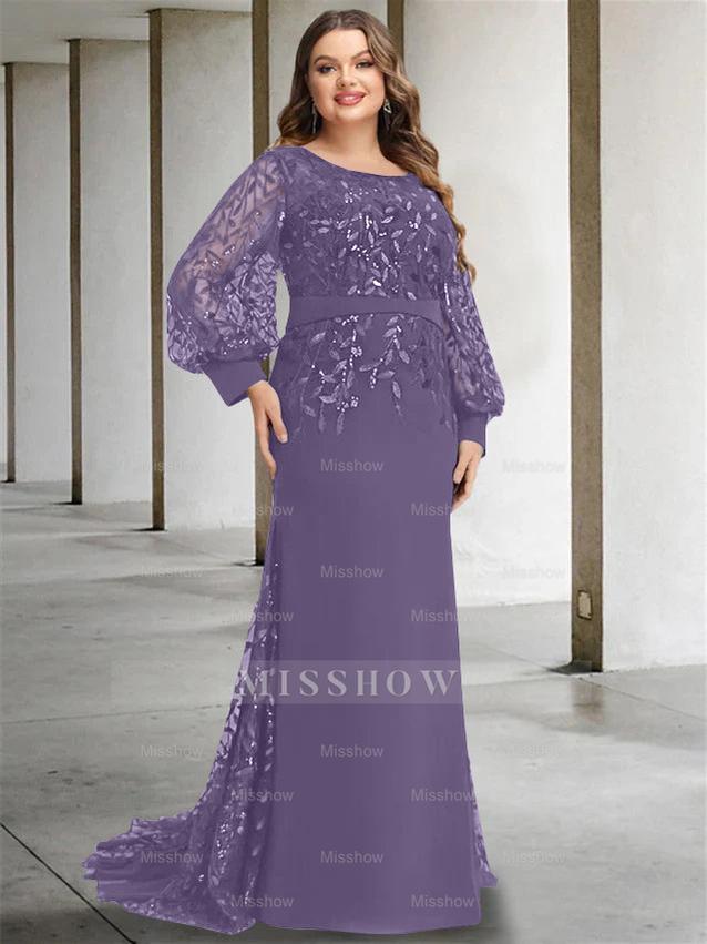 Plus Size Floor-Length Mermaid/Trumpet Mother of the Bride Dress with Scoop Neck and Long Sequined Sleeves
