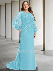 Plus Size Floor-Length Mermaid/Trumpet Mother of the Bride Dress with Scoop Neck and Long Sequined Sleeves