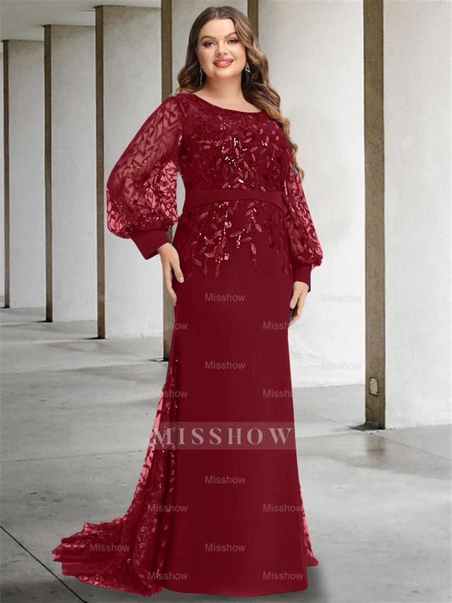 Plus Size Floor-Length Mermaid/Trumpet Mother of the Bride Dress with Scoop Neck and Long Sequined Sleeves