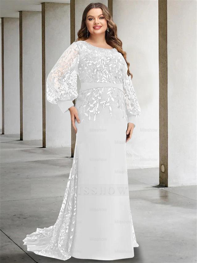 Plus Size Floor-Length Mermaid/Trumpet Mother of the Bride Dress with Scoop Neck and Long Sequined Sleeves