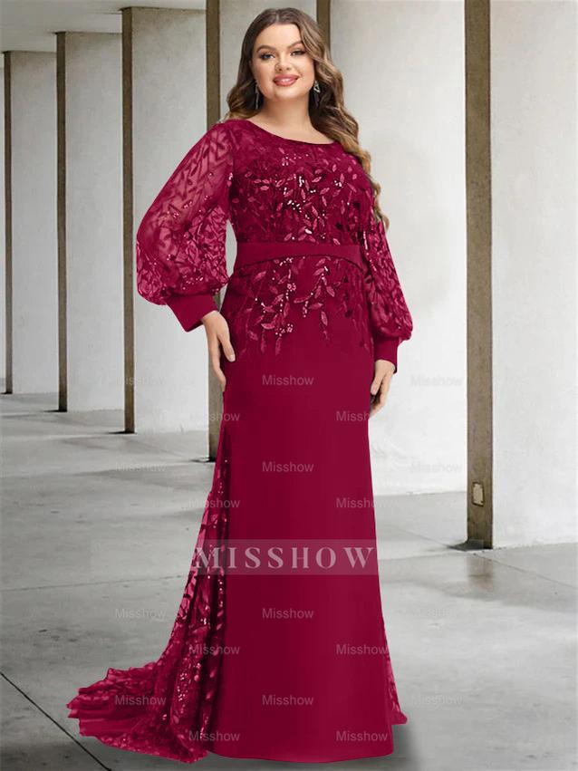 Plus Size Floor-Length Mermaid/Trumpet Mother of the Bride Dress with Scoop Neck and Long Sequined Sleeves