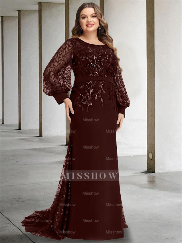 Plus Size Floor-Length Mermaid/Trumpet Mother of the Bride Dress with Scoop Neck and Long Sequined Sleeves Plus Size Floor-Length Mermaid/Trumpet Mother of the Bride Dress with Scoop Neck and Long Sequined Sleeves
