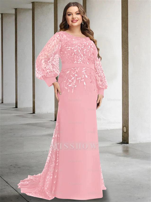 Plus Size Floor-Length Mermaid/Trumpet Mother of the Bride Dress with Scoop Neck and Long Sequined Sleeves