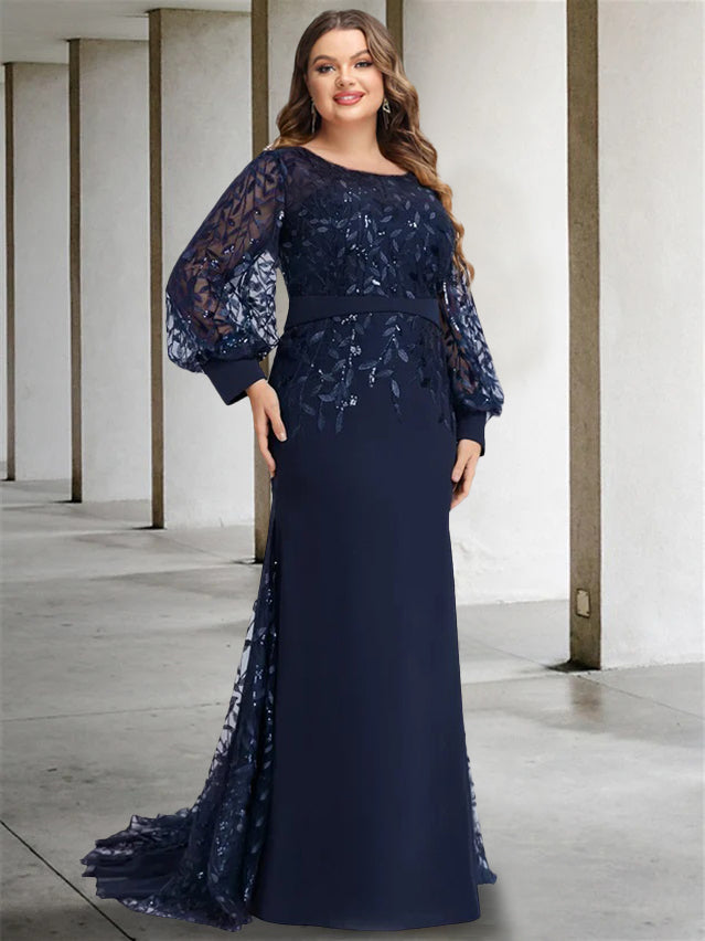 Plus Size Floor-Length Mermaid/Trumpet Mother of the Bride Dress with Scoop Neck and Long Sequined Sleeves