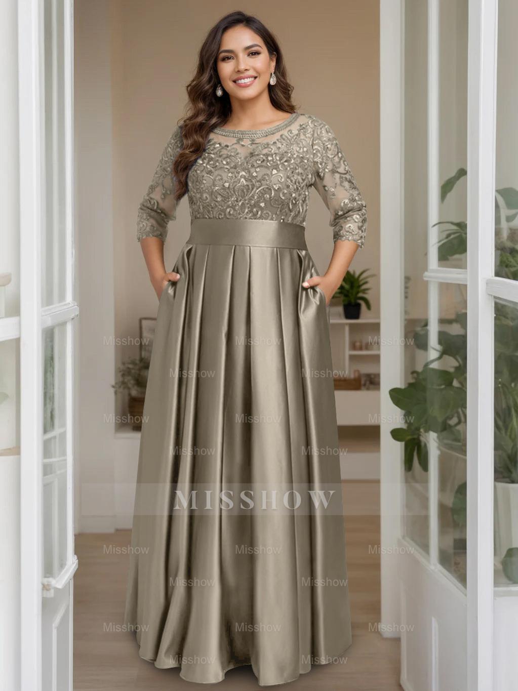 Plus Size Floor-Length Mother of the Bride A-Line Dress with 3/4 Sleeves Scoop Neck Bow & Sequins