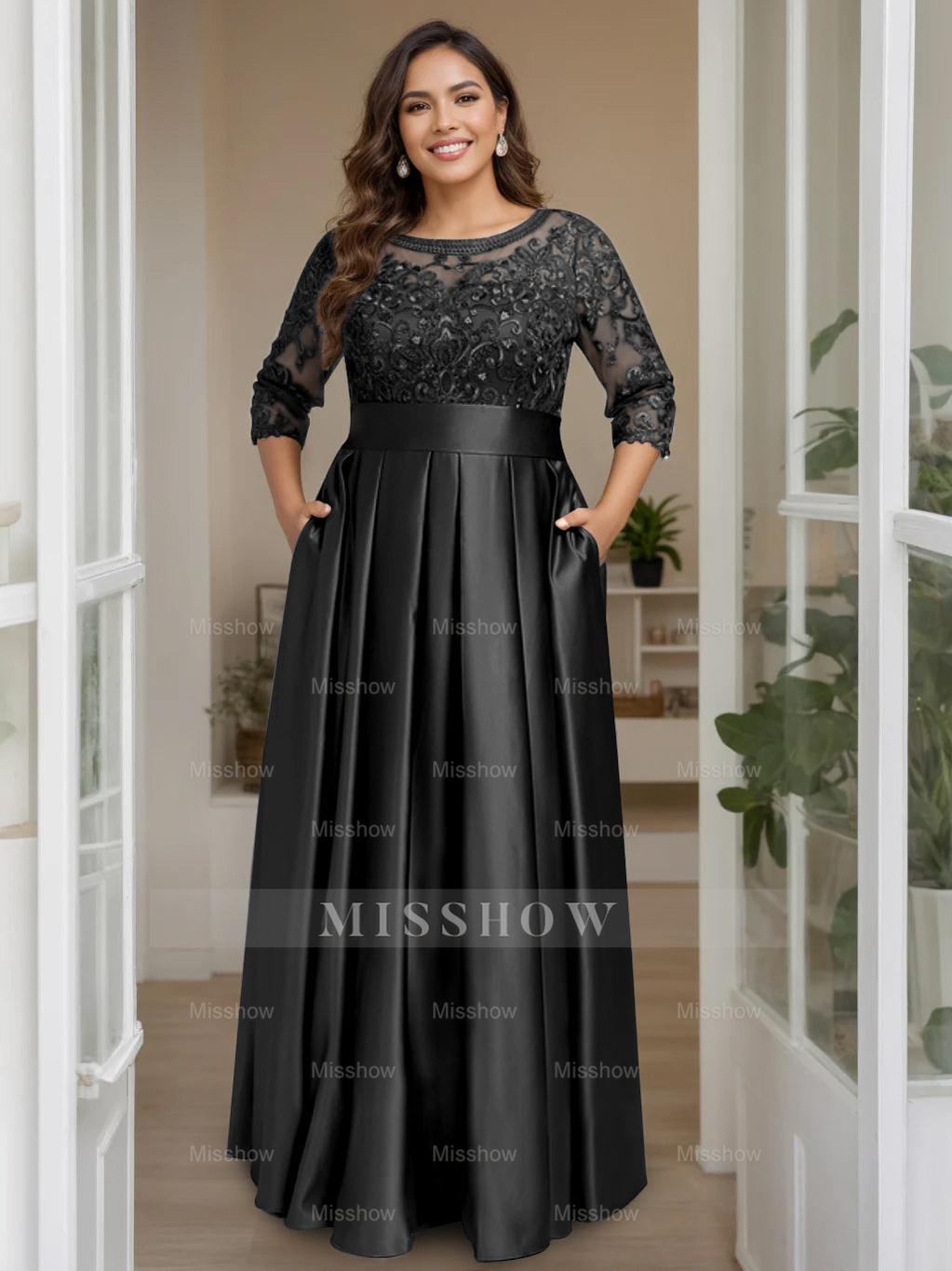 Plus Size Floor-Length Mother of the Bride A-Line Dress with 3/4 Sleeves Scoop Neck Bow & Sequins