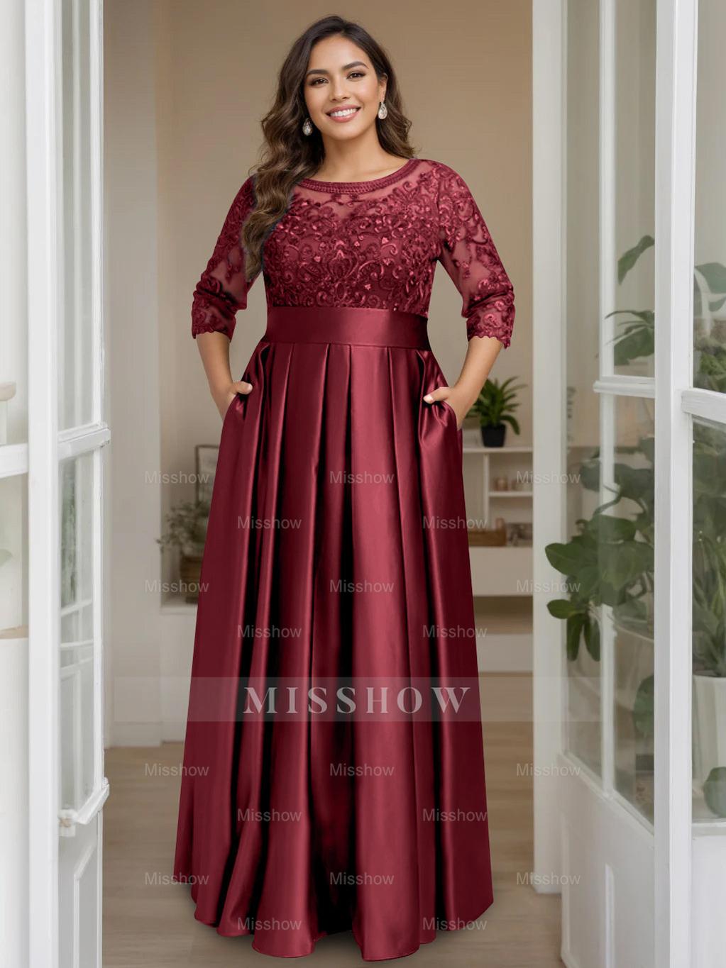 Plus Size Floor-Length Mother of the Bride A-Line Dress with 3/4 Sleeves Scoop Neck Bow & Sequins
