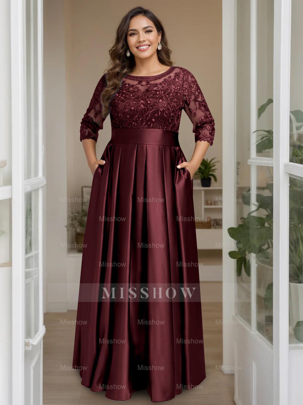 Plus Size Floor-Length Mother of the Bride A-Line Dress with 3/4 Sleeves Scoop Neck Bow & Sequins