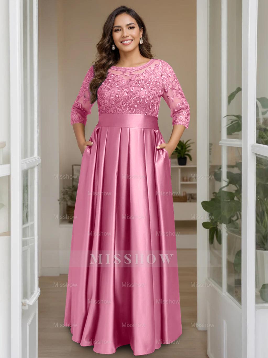 Plus Size Floor-Length Mother of the Bride A-Line Dress with 3/4 Sleeves Scoop Neck Bow & Sequins