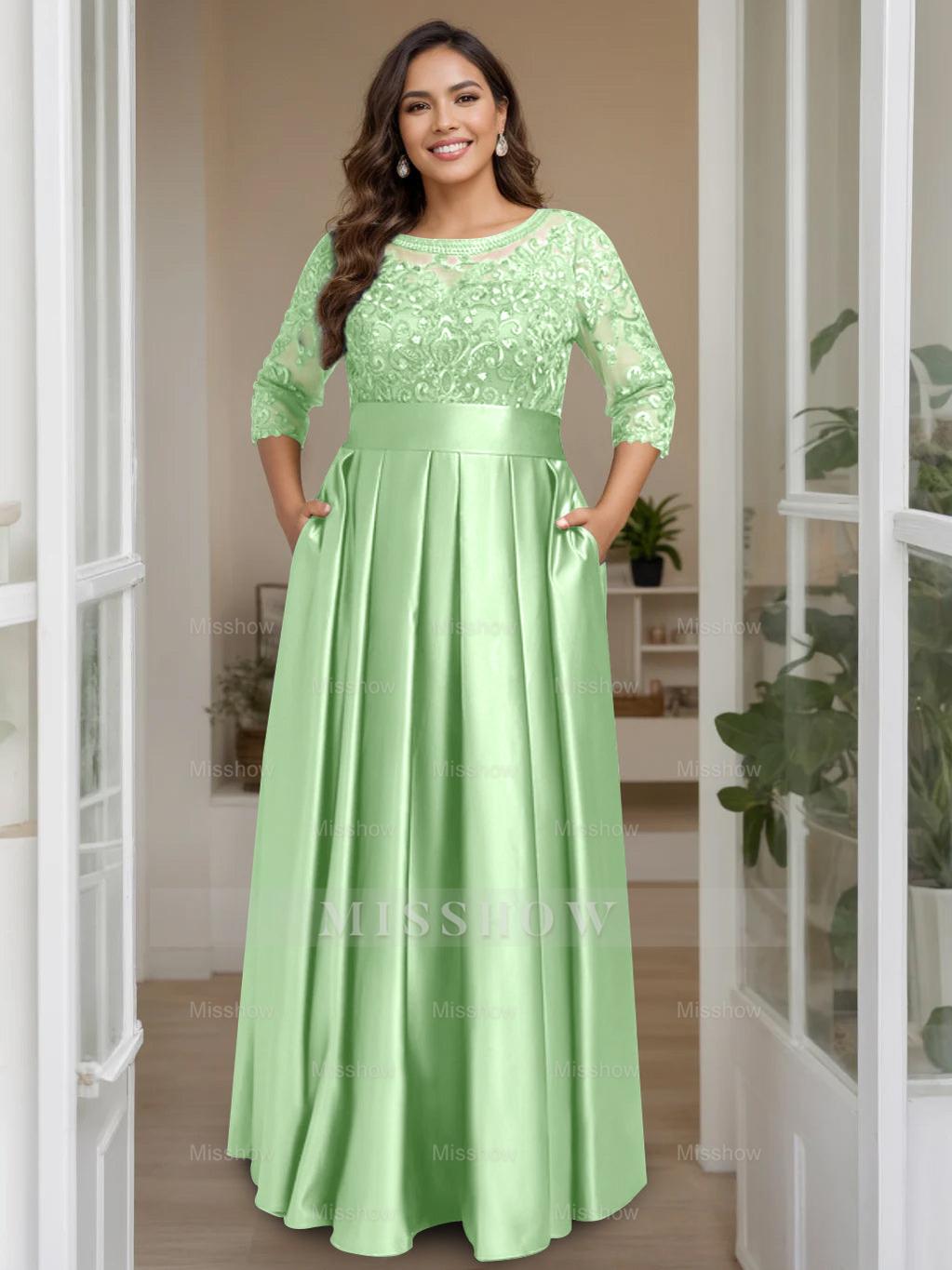 Plus Size Floor-Length Mother of the Bride A-Line Dress with 3/4 Sleeves Scoop Neck Bow & Sequins
