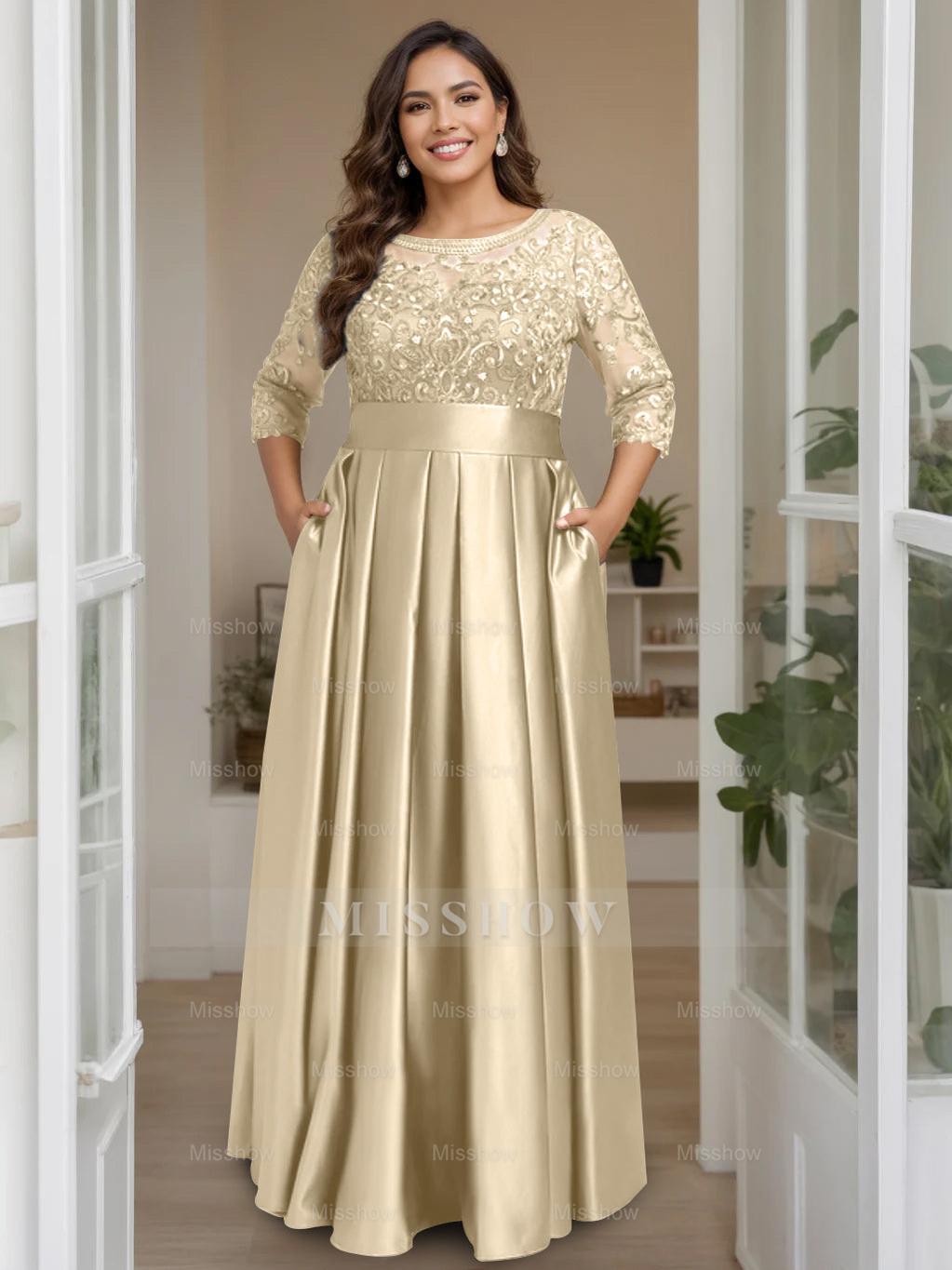 Plus Size Floor-Length Mother of the Bride A-Line Dress with 3/4 Sleeves Scoop Neck Bow & Sequins