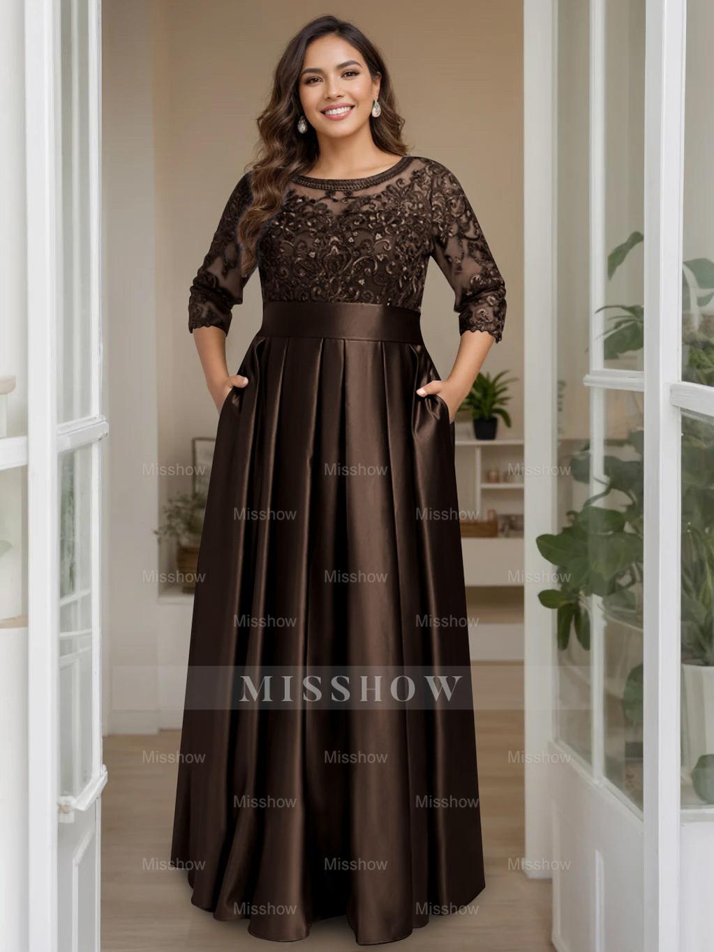 Plus Size Floor-Length Mother of the Bride A-Line Dress with 3/4 Sleeves Scoop Neck Bow & Sequins