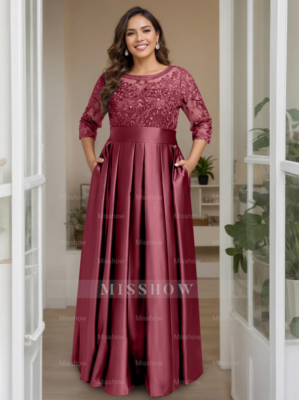 Plus Size Floor-Length Mother of the Bride A-Line Dress with 3/4 Sleeves Scoop Neck Bow & Sequins