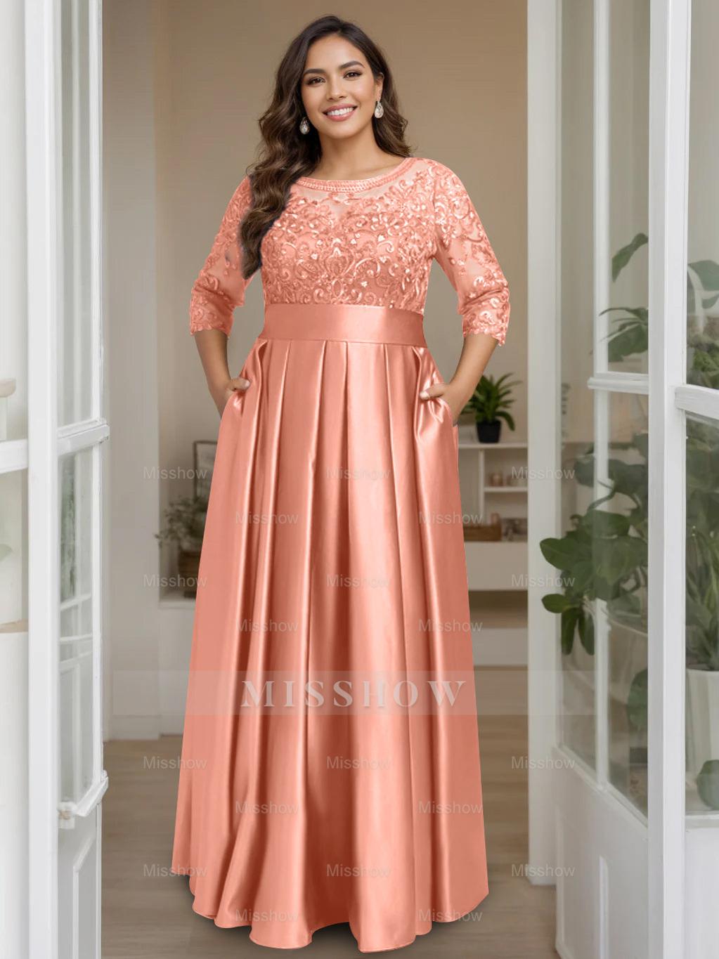 Plus Size Floor-Length Mother of the Bride A-Line Dress with 3/4 Sleeves Scoop Neck Bow & Sequins