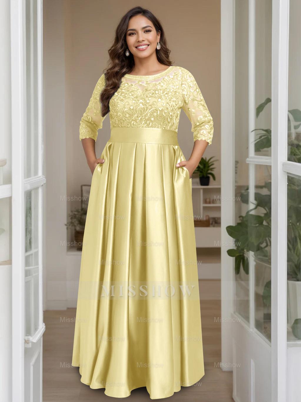 Plus Size Floor-Length Mother of the Bride A-Line Dress with 3/4 Sleeves Scoop Neck Bow & Sequins