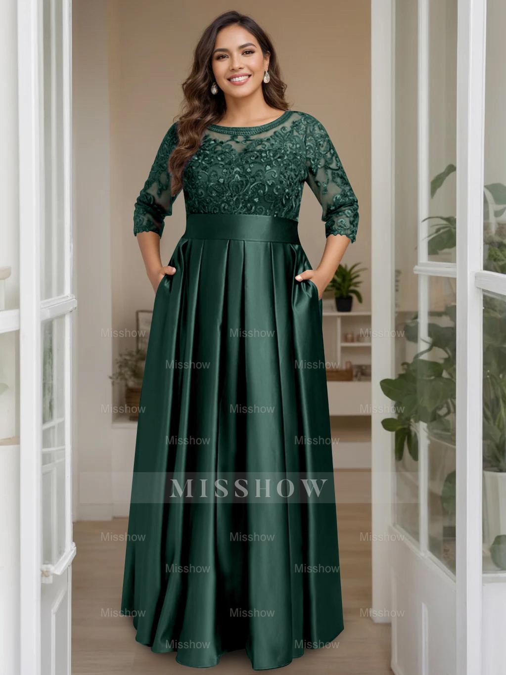 Plus Size Floor-Length Mother of the Bride A-Line Dress with 3/4 Sleeves Scoop Neck Bow & Sequins