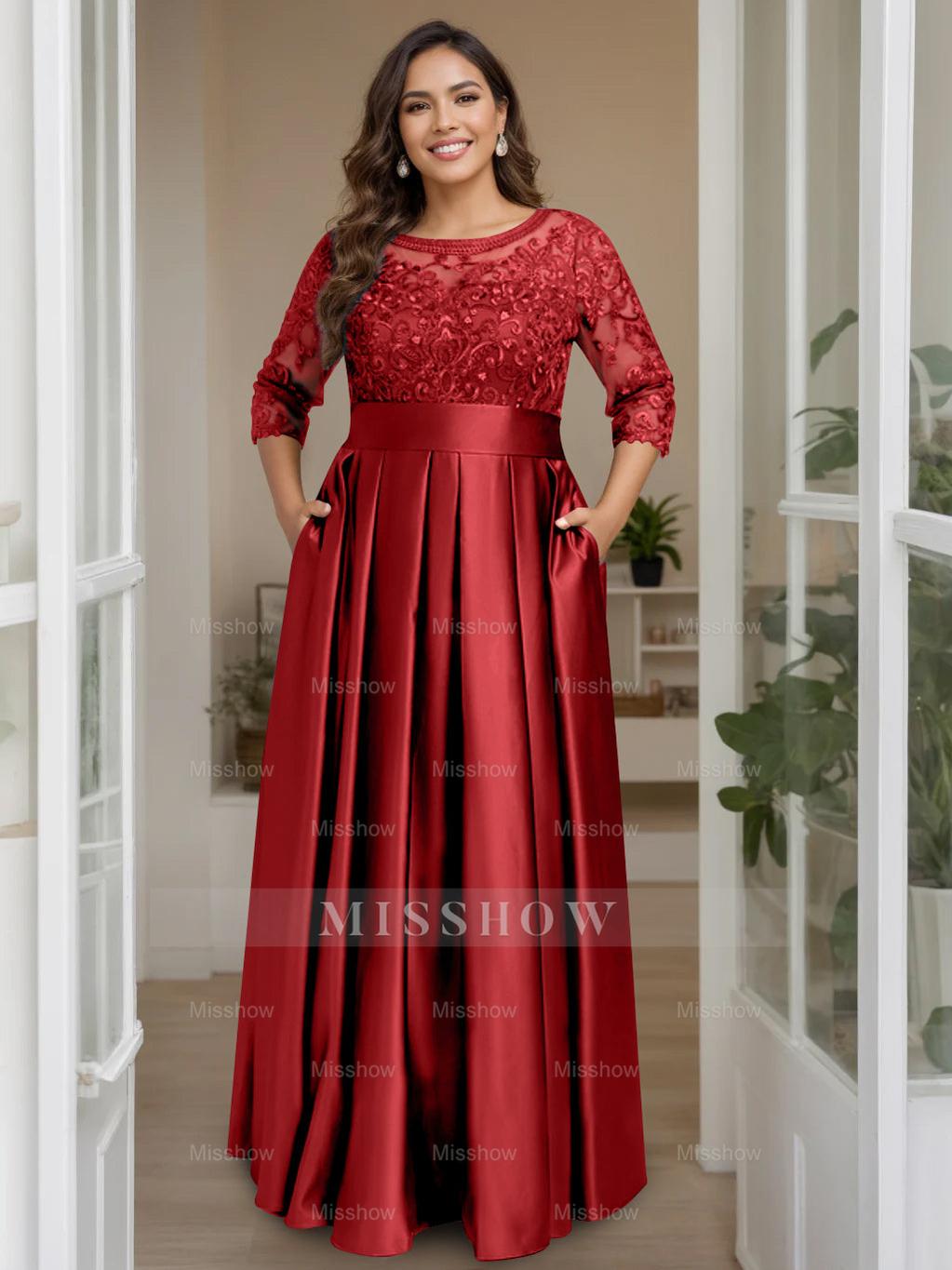 Plus Size Floor-Length Mother of the Bride A-Line Dress with 3/4 Sleeves Scoop Neck Bow & Sequins