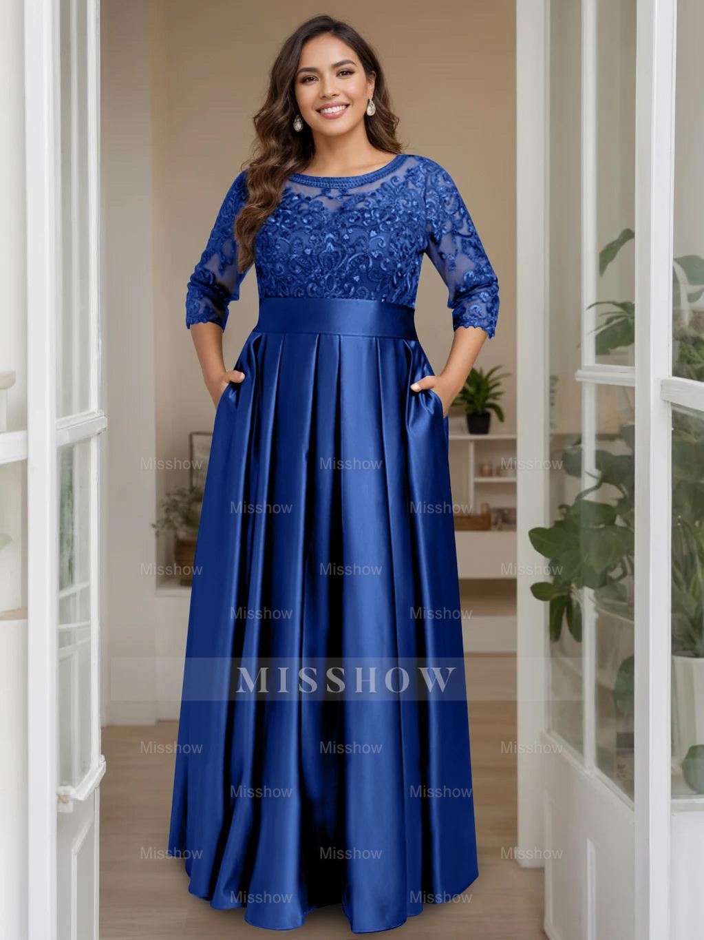 Plus Size Floor-Length Mother of the Bride A-Line Dress with 3/4 Sleeves Scoop Neck Bow & Sequins