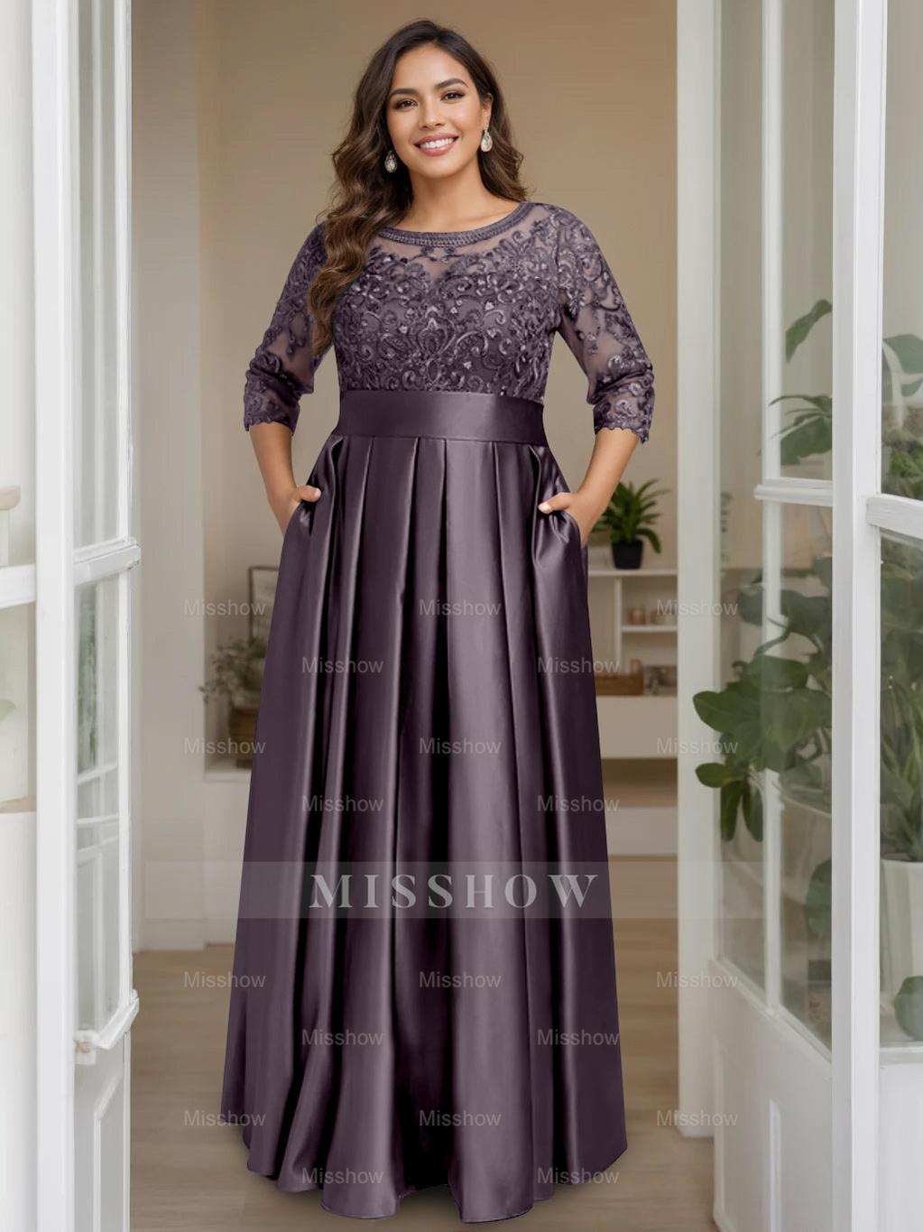 Plus Size Floor-Length Mother of the Bride A-Line Dress with 3/4 Sleeves Scoop Neck Bow & Sequins