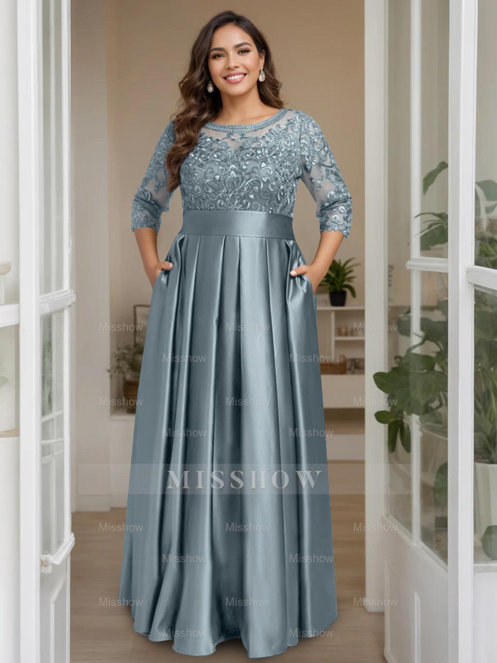 Plus Size Floor-Length Mother of the Bride A-Line Dress with 3/4 Sleeves Scoop Neck Bow & Sequins