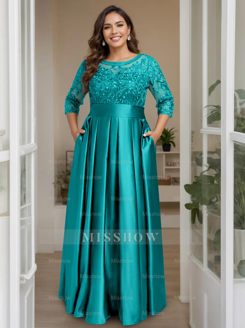 Plus Size Floor-Length Mother of the Bride A-Line Dress with 3/4 Sleeves Scoop Neck Bow & Sequins