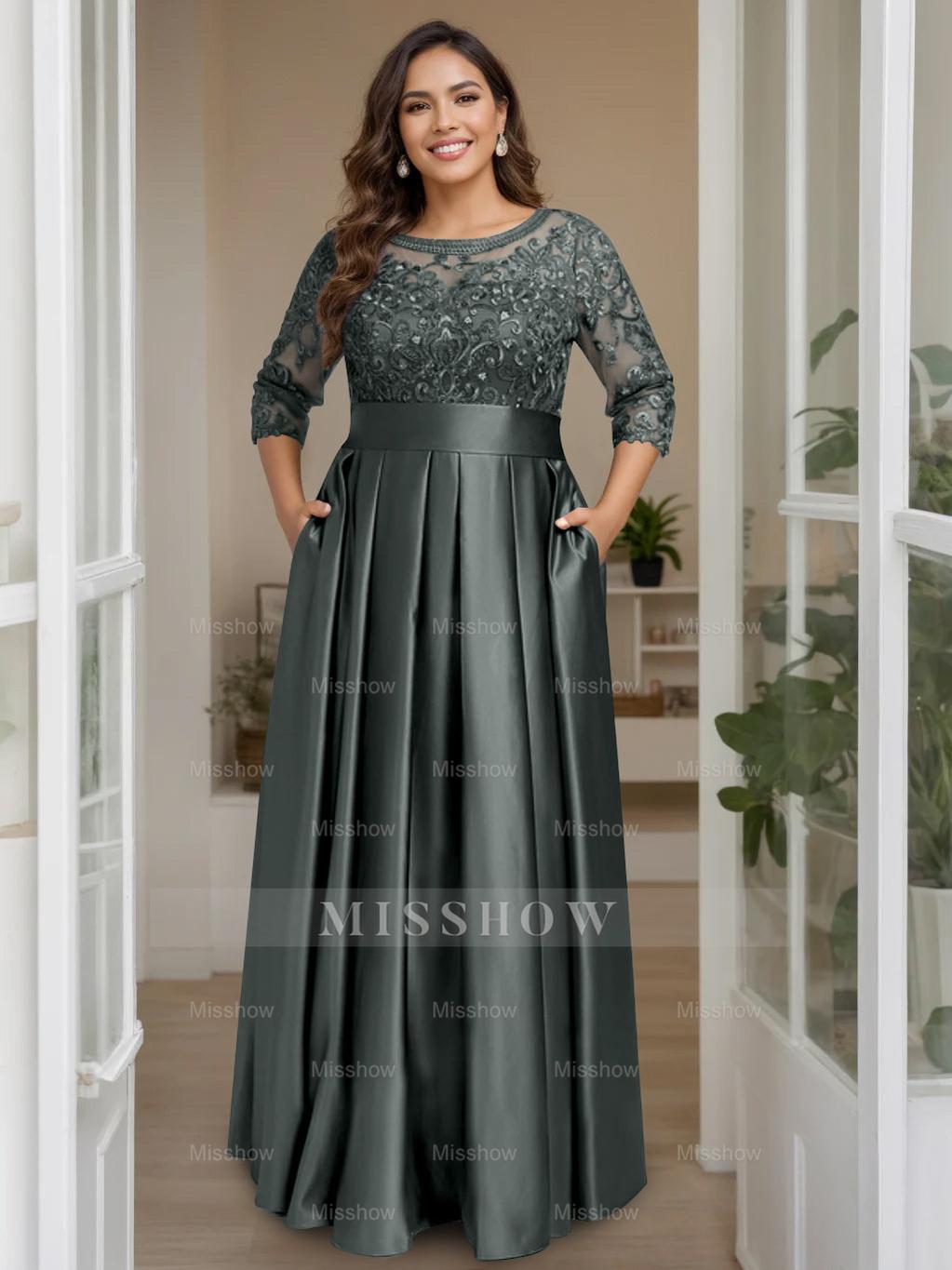 Plus Size Floor-Length Mother of the Bride A-Line Dress with 3/4 Sleeves Scoop Neck Bow & Sequins