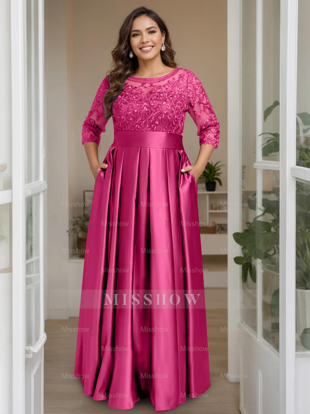 Plus Size Floor-Length Mother of the Bride A-Line Dress with 3/4 Sleeves Scoop Neck Bow & Sequins