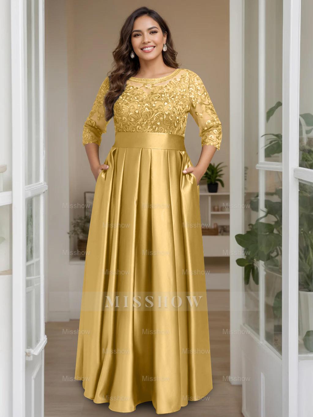 Plus Size Floor-Length Mother of the Bride A-Line Dress with 3/4 Sleeves Scoop Neck Bow & Sequins