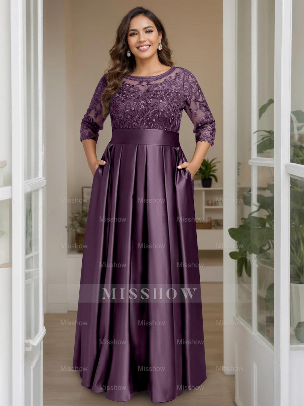 Plus Size Floor-Length Mother of the Bride A-Line Dress with 3/4 Sleeves Scoop Neck Bow & Sequins